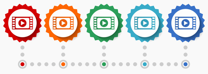 Video, movie vector icon set, colorful infographic template, set of flat design badge icons in 5 color options