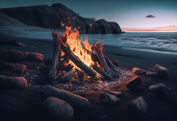 Campfire on the ocean. AI Generated