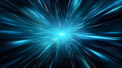 Light blue rays radiating on a black background, concept of speed or explosion, warp (Generative AI image)