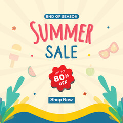 Fototapeta premium Summer sale promotion,80 percent off poster, banner, social media template illustration