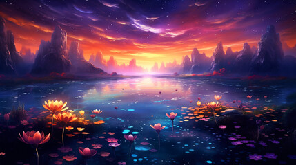 Fototapeta na wymiar fantasy sunrise waterscape with flowers and stars