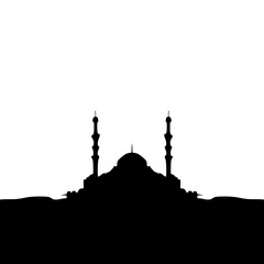 Big Mosque Silhouette landmark with twin minarets in black fill icon, vector illustration in trendy style. Design element for Eid Al Adha celebration. Editable graphic resources.