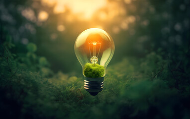 bright green light bulb on green garden background - generative ai