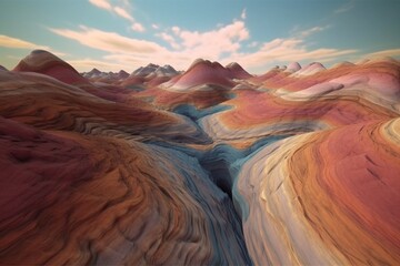 A surreal illustration of a distorted or manipulated natural landscape, such as a valley or plateau, Generative AI