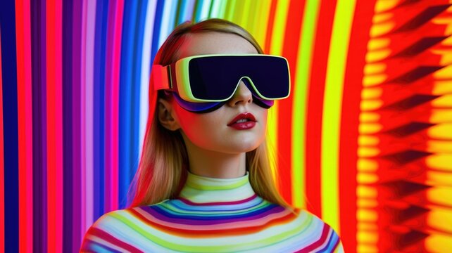 Fototapeta Young female model wearing VR posing with trendy fashion outfit and colorful vibrant glowing lime green optical art abstract background. Picturesque generative AI