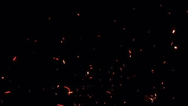 Abstract seamless loop glow fire particles ash sparks rising up animation with transparent alpha channel can be used for overlay your project background. 4K 3D chaotic motion of fiery orange glowing f