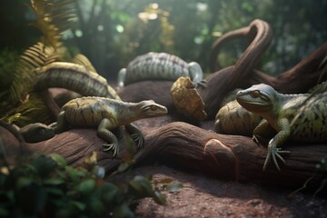 A detailed illustration of a group of reptiles, such as snakes or lizards, in a dramatic and striking natural environment, Generative AI