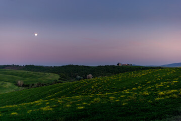 Obraz premium View of the Vitaleta Chapel and the surrounding hills of the Orcia Valley near San Quirico d'Orcia under the moon at sunset
