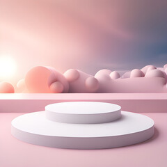 3d render podium and minimal cloud scene, minimal product display background 3d rendered geometric shape sky cloud pink pastel, Stage product in platform. Generate AI illustration.