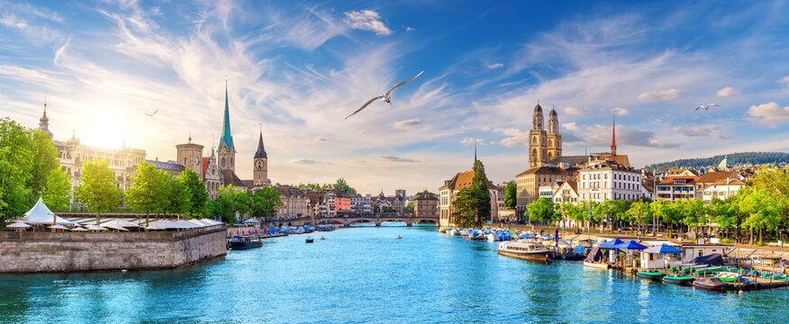 Aerial view on the downtown of Zurich at sunset, Switzerland