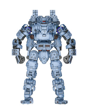 piloted combat sci-fi armor mech unit painted out in coyote tan is standing up and ready for war
