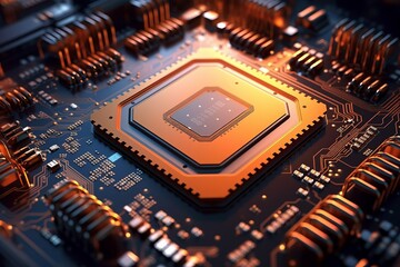 Illustration of a central processing unit (CPU) chip within a computer circuit board created with Generative AI technology
