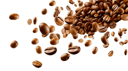 Obraz premium Coffee beans flying isolated on isolated png background. Generative AI.