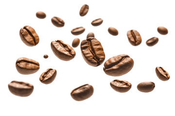 Coffee beans flying isolated on isolated png background. Generative AI. - obrazy, fototapety, plakaty