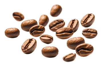 Naklejka premium Coffee beans flying isolated on isolated png background. Generative AI.