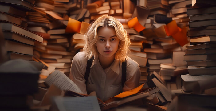 Girl sitting in a pile of books. Dreamlike atmosphere. Generative AI