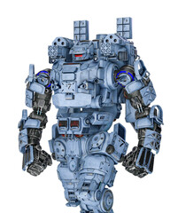 piloted combat sci-fi armor mech unit painted out in coyote tan is angry