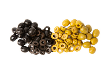 Sliced green and black olive rings isolated on white background. Olives as an ingredient for cooking. Recipe. Vegan.