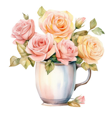 Watercolor roses flower bouquet, summer pink flower in a cup, Generative AI, png image.