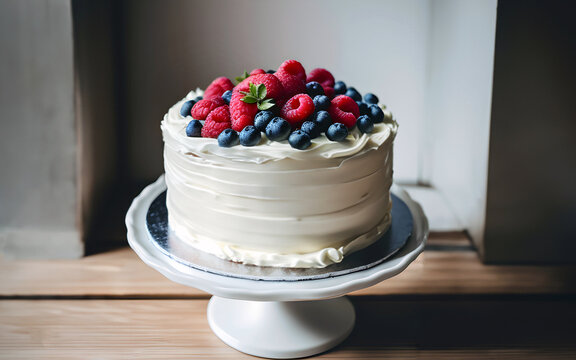 Generative Ai image, Close up creamy cake with fresh fruit decorated blueberries and raspberries, on white cake stand, delicious bakery, greetings, celebrate, Happy birthday