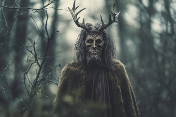 old horned druid healer in the forest, created with generative ai - obrazy, fototapety, plakaty