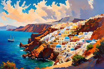 An enchanting illustration of Santorini transports you to the idyllic shores of this Greek paradise, where whitewashed buildings contrast with the vibrant blue hues of the Aegean Sea. | Generative AI - obrazy, fototapety, plakaty