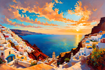 An enchanting illustration of Santorini transports you to the idyllic shores of this Greek paradise, where whitewashed buildings contrast with the vibrant blue hues of the Aegean Sea. | Generative AI - obrazy, fototapety, plakaty