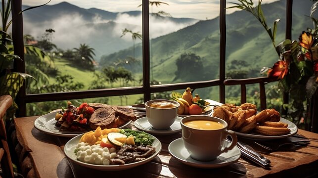 bandeja paisa meal on a table in a restaurant in Medellin with plants with a view of the mountains with clouds. generative AI 