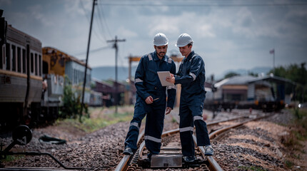 Engineer railway under inspection and checking construction railway switch and maitenence work on railroad station by tablet .Engineer wearing safety uniform and safety helmet in work.