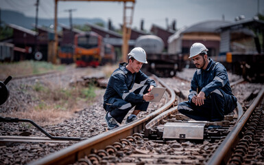 Engineer railway under inspection and checking construction railway switch and maitenence work on railroad station by tablet .Engineer wearing safety uniform and safety helmet in work.