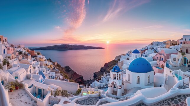 Santorini sunset over Oia village with blue dome churches, panoramic view of Cyclades caldera in Greece, luxury travel destination at dusk.