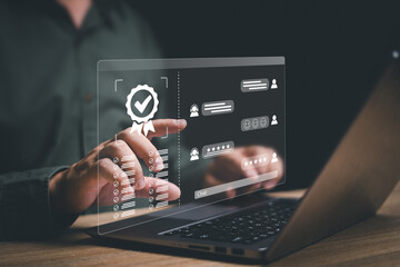 Customer Satisfaction guarantee and smart chat and checklist online concept on virtual screens,...