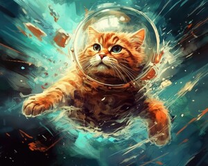 art cat in space . dreamlike background with cat . Hand Drawn Style illustration . Beautiful cat in outer space  