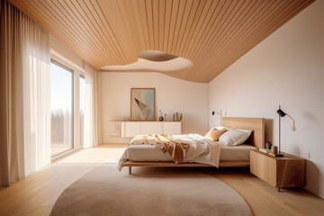 Fototapeta na wymiar Scandinavian style bedroom with large window and natural wood beige furniture, AI Generated