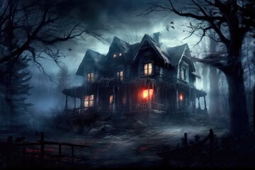 Photo of a scary house in a mysterious woodland. Halloween concept. Generative AI