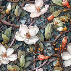 Seamless pattern with intricate nature texture of white magnolia flowers, great for fabrics, textile and background. Generative AI