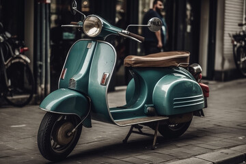 Obraz na płótnie Canvas Vintage retro motor scooter parked on a city street, AI Generated