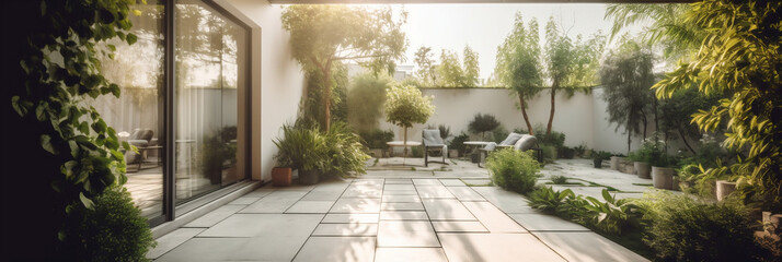 Luxury Living Outdoor Space Interior design of a lavish side outside garden at morning, banner, generative AI