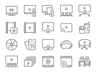 Movie icon set. It included clips, videos, entertainment, tv show, and more icons. Editable Vector Stroke.