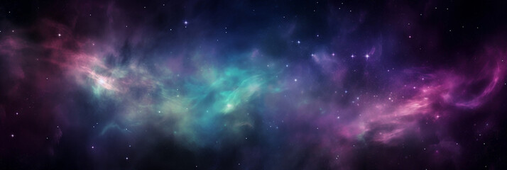 Fototapeta na wymiar Nebula Galaxy Background With Purple Blue Outer Space, banner, generative AI