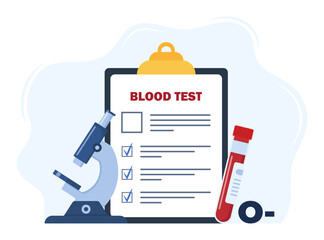 Analysis to determine the blood group. Medical blood test concept. Patient blood in test tubes, microscope, exam checklist. Vector illustration.