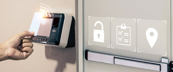 Proximity card reader door unlock, Hand security man using ID card on fingerprint scanning access...