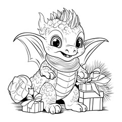 Dragon coloring book. Coloring page simple line illustration of little cute dragon in cartoon style. Symbol of 2024.