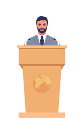 Man in a business suit stands on a rostrum in front of the microphones. Man orator speaking from tribune. Vector illustration.