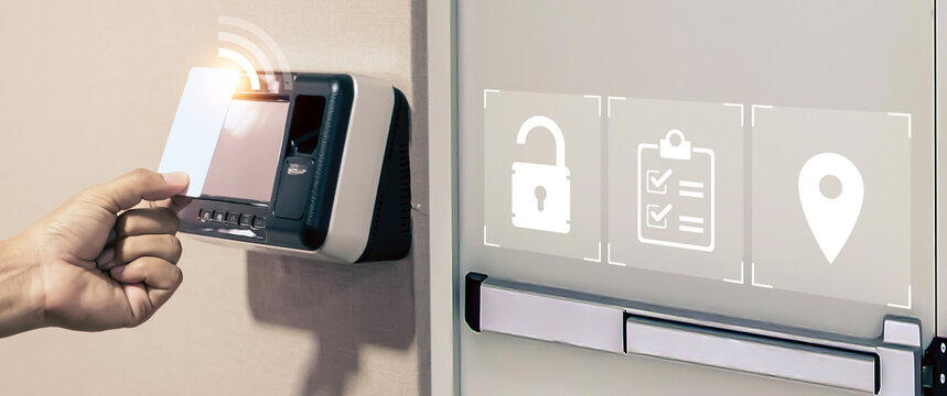 Proximity card reader door unlock, Hand security man using ID card on fingerprint scanning access control system for identity verification to open the door or for security safety or check attendance.