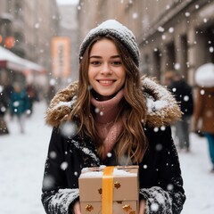 Happy smiling girl standing with the gift boxes on the snowy street on Christmas Eve. Created with Generative AI technology