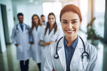 Fototapeta premium Crowd of doctors and nurses behind him, photo of female doctor in foreground. Generative AI