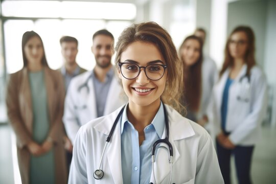 Crowd Of Doctors And Nurses Behind Him, Photo Of Female Doctor In Foreground. Generative AI