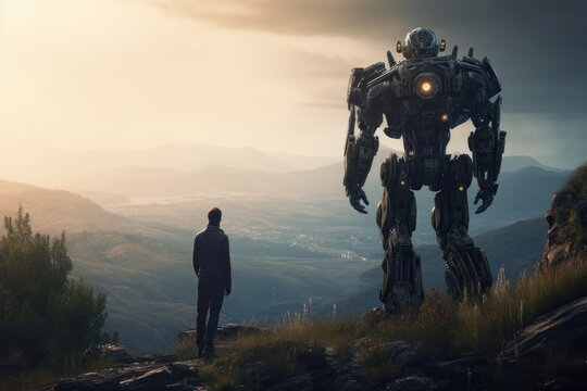 The man in and the robot met. AI generative.