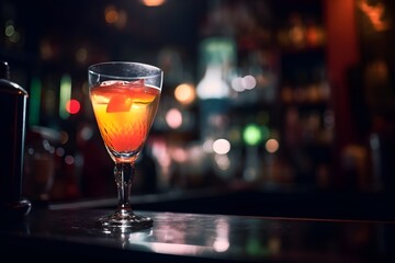 cocktail in the bar with a slice of lemon and a straw